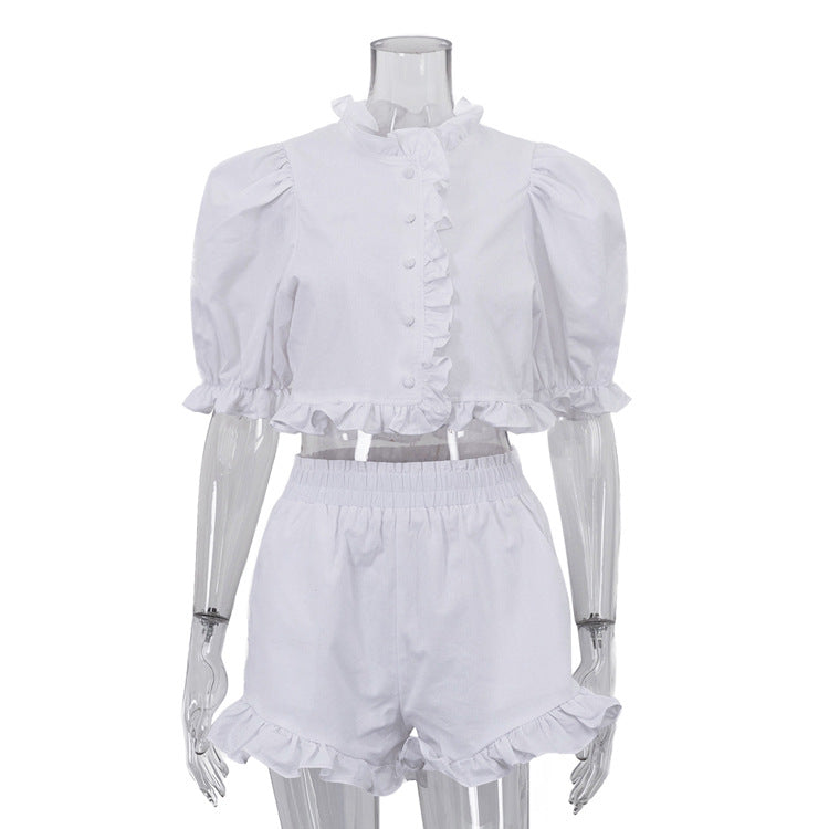 Women's Lace Trim Bubble Sleeve Cotton Set