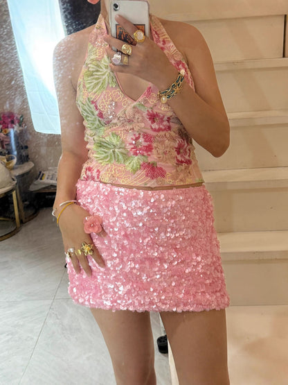 Sequined High Waist A-Line Mini Skirt