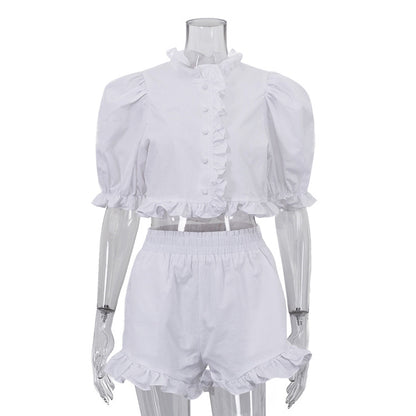 Women's Lace Trim Bubble Sleeve Cotton Set