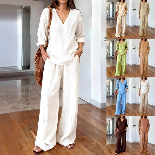 Women's Casual Long Sleeve V-Neck Cotton Set