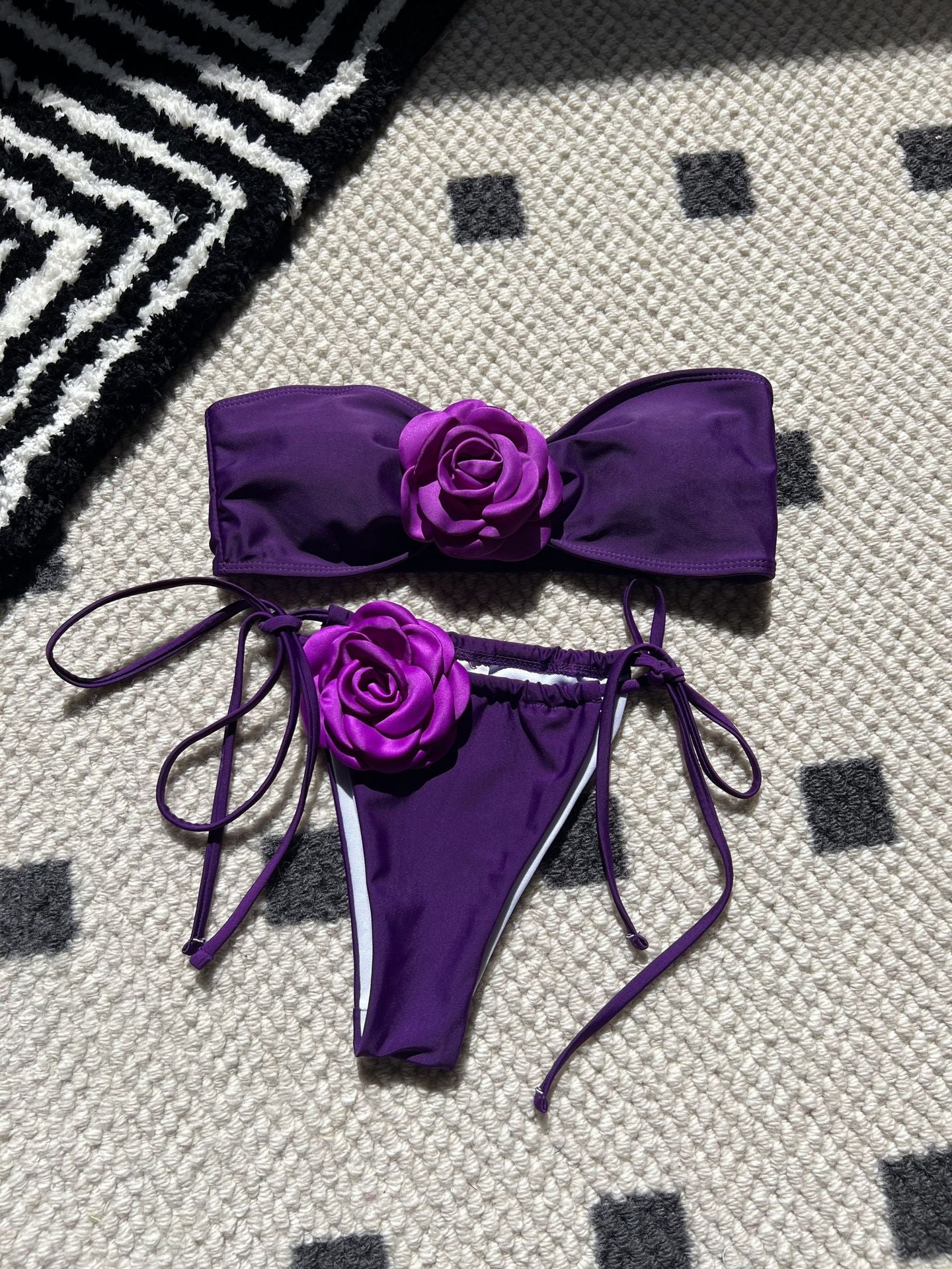 Pure Color Drawstring Tube Top Bikini Swimsuit
