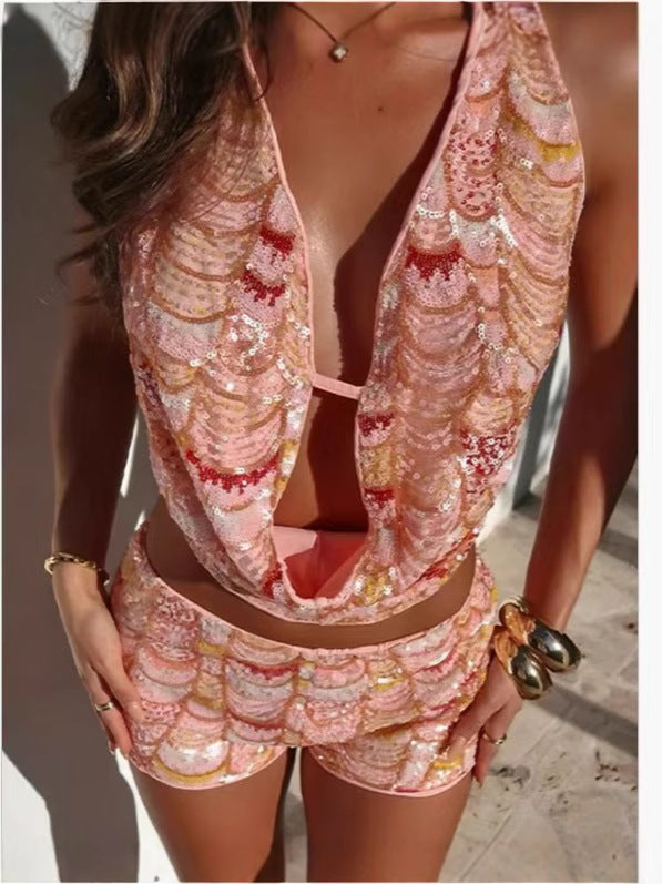 Mermaid Sequin Backless Halter Shorts Set