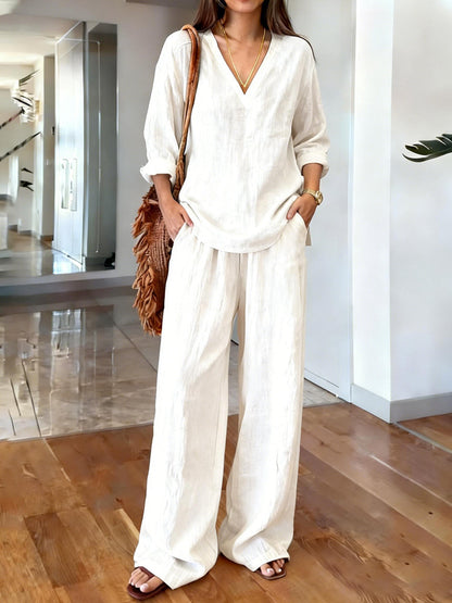 Women's Casual Long Sleeve V-Neck Cotton Set