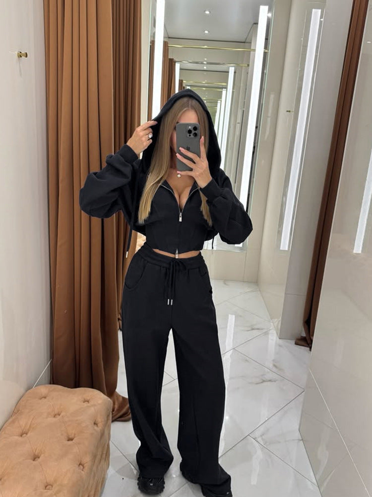 Casual Zipper Hooded Sweatshirt and Trousers Set