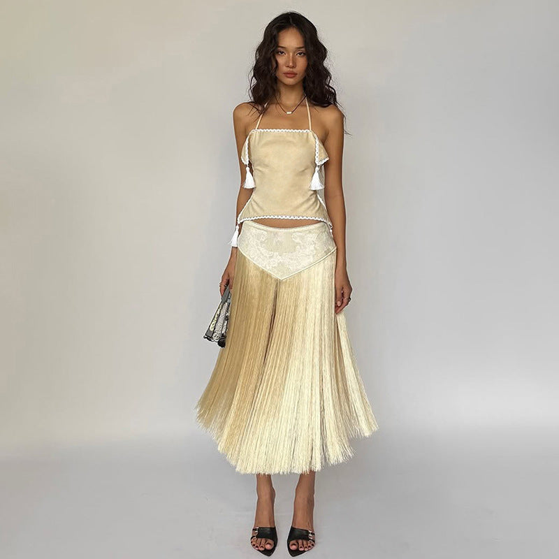 Halterneck Backless Top and High-Waisted Skirt Set