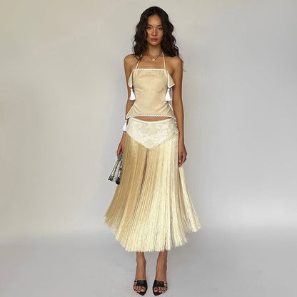 Halterneck Backless Top and High-Waisted Skirt Set