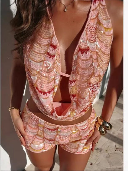 Mermaid Sequin Backless Halter Shorts Set