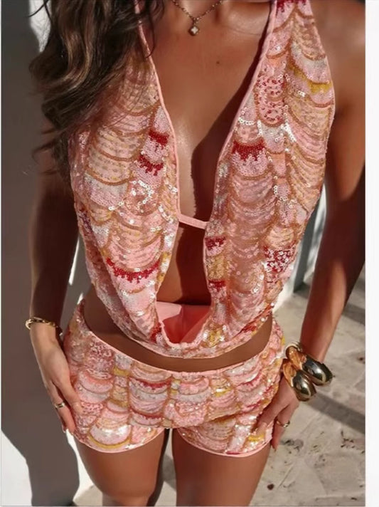 Mermaid Sequin Backless Halter Shorts Set