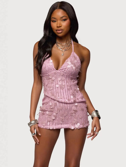Sequin Deep V Neck Bodycon Dress Set