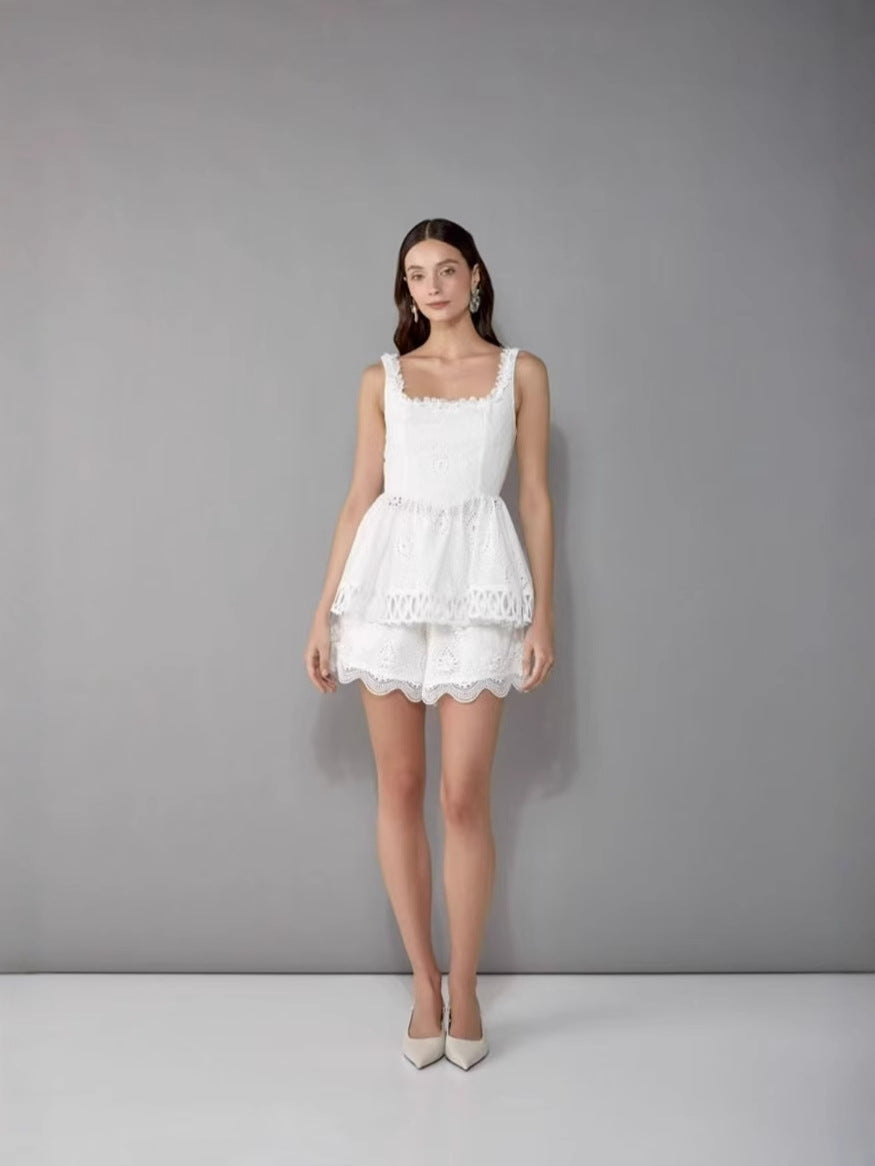 Women's Lace Stitching Square Neck Vest Shorts Set