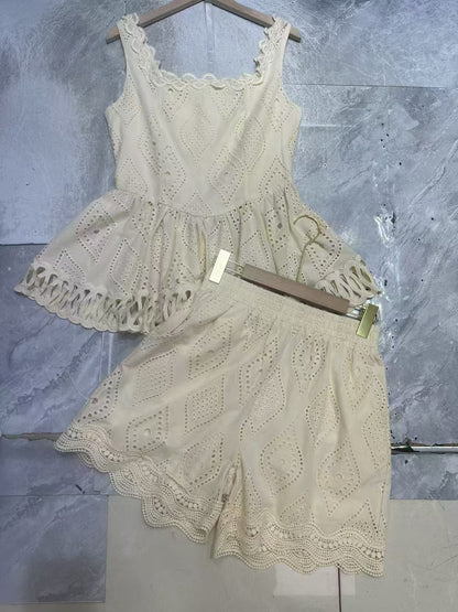 Women's Lace Stitching Square Neck Vest Shorts Set