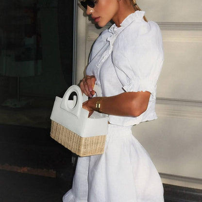 Women's Lace Trim Bubble Sleeve Cotton Set