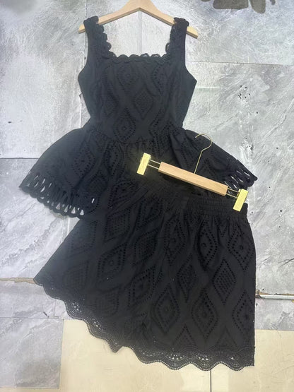 Women's Lace Stitching Square Neck Vest Shorts Set