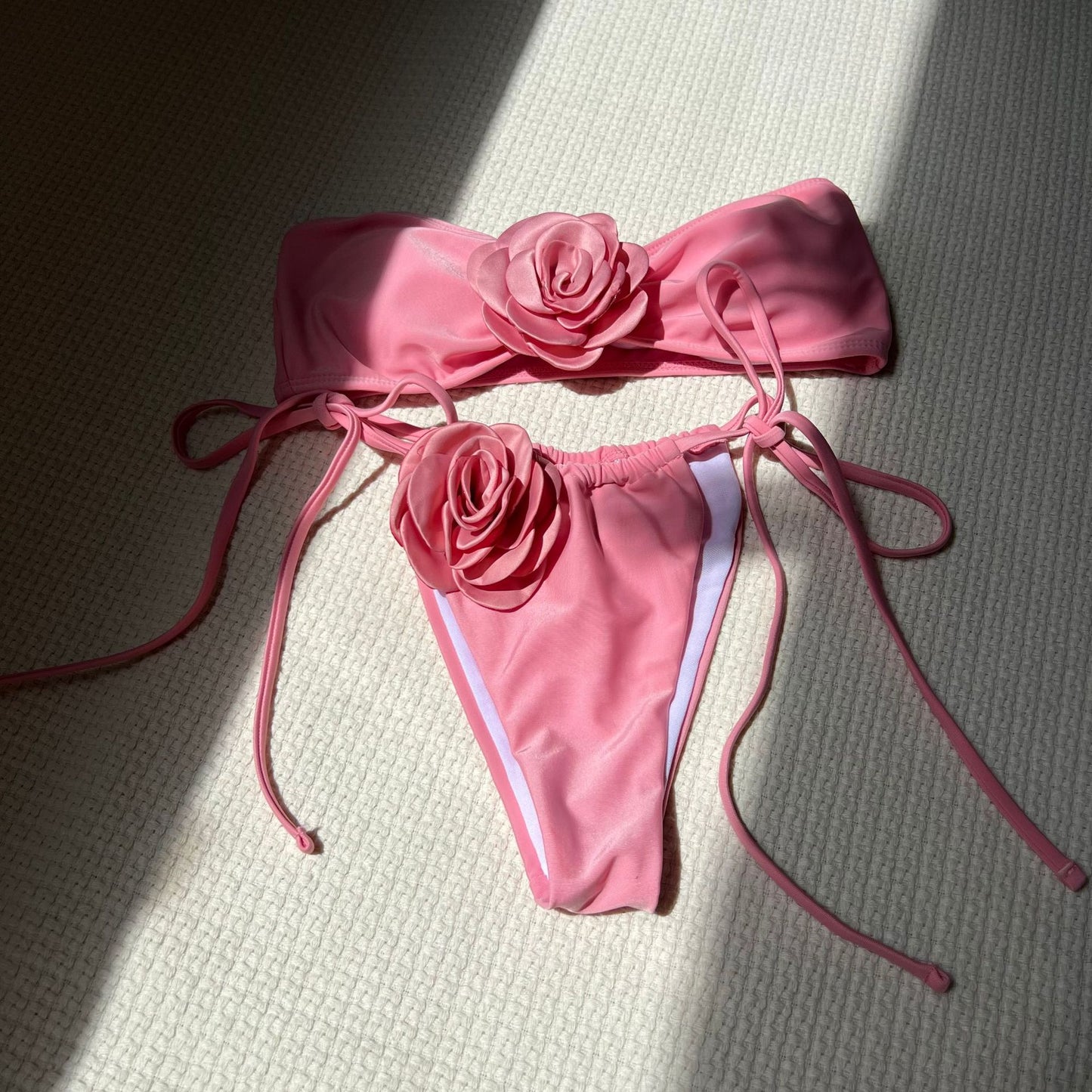 Pure Color Drawstring Tube Top Bikini Swimsuit
