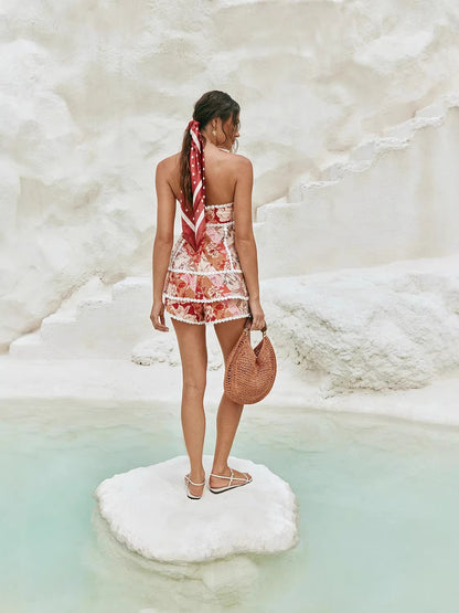 Women Floral Backless Short Set