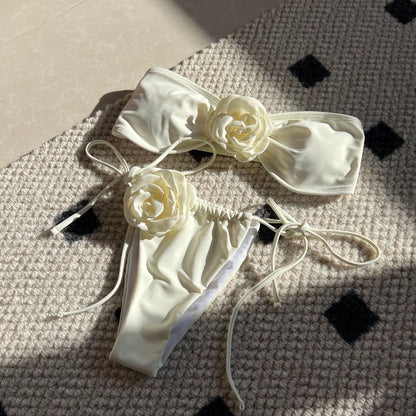 Pure Color Drawstring Tube Top Bikini Swimsuit