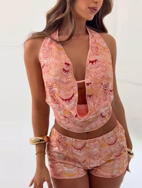 Mermaid Sequin Backless Halter Shorts Set