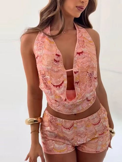 Mermaid Sequin Backless Halter Shorts Set