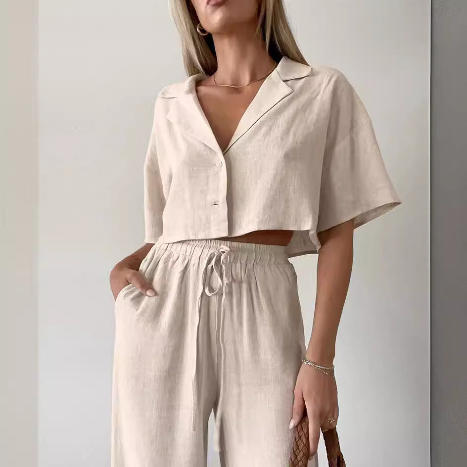 Cotton Linen Shirt and Wide Leg Pants