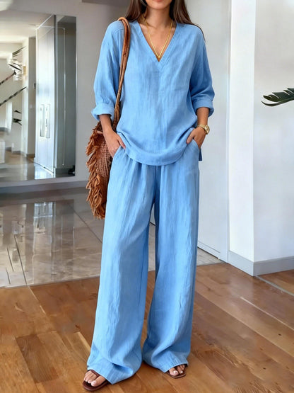 Women's Casual Long Sleeve V-Neck Cotton Set