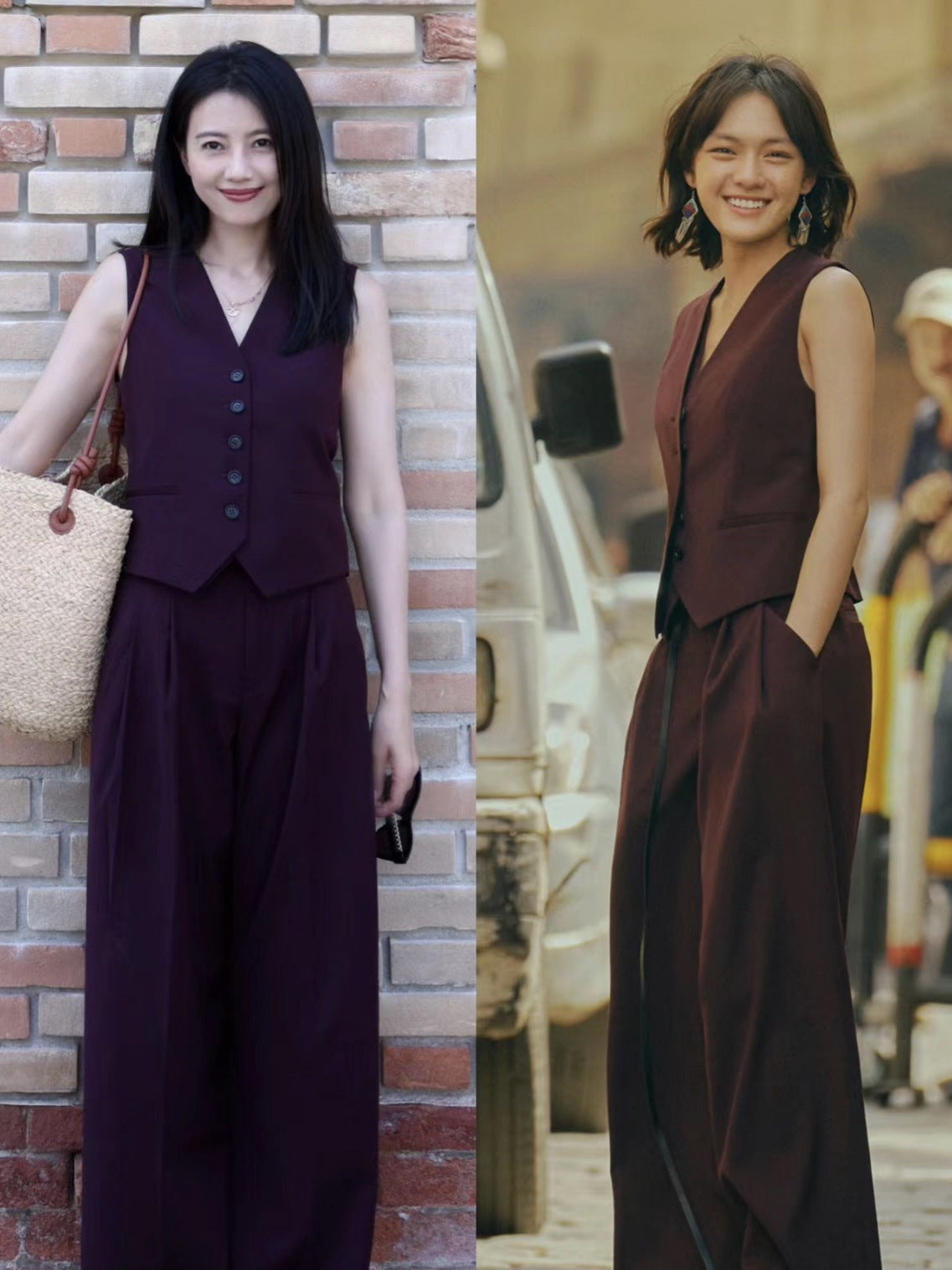 Brown-Red Linen Retro Slimming Suit for Women