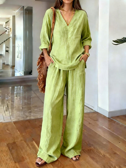 Women's Casual Long Sleeve V-Neck Cotton Set