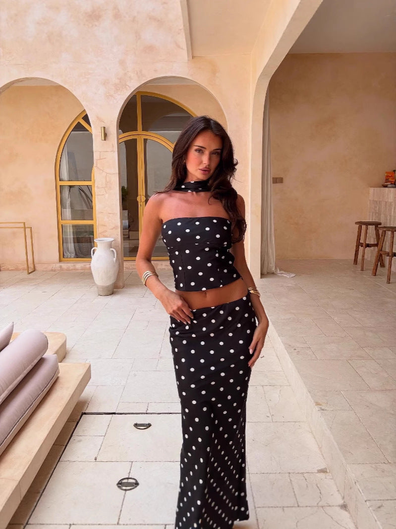 Women's Elegant Dot Print Vest and Skirt