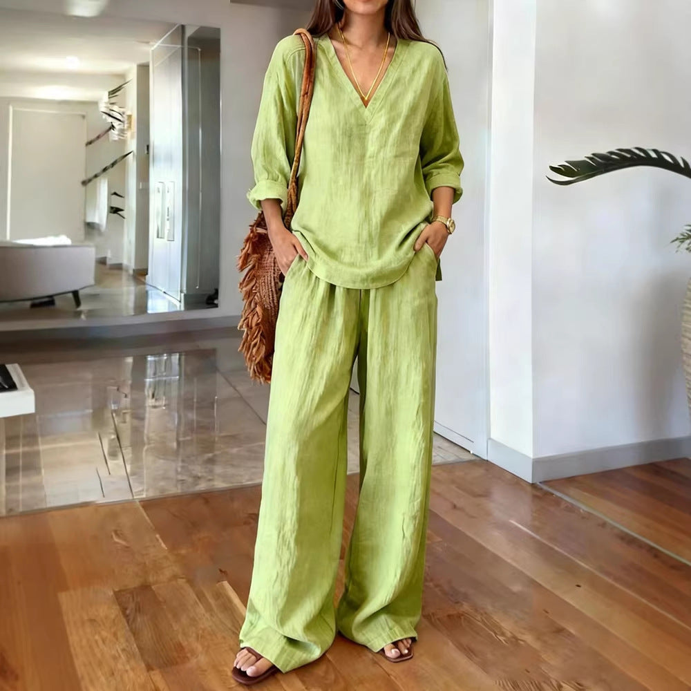 Women's Casual Long Sleeve V-Neck Cotton Set