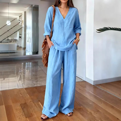 Women's Casual Long Sleeve V-Neck Cotton Set