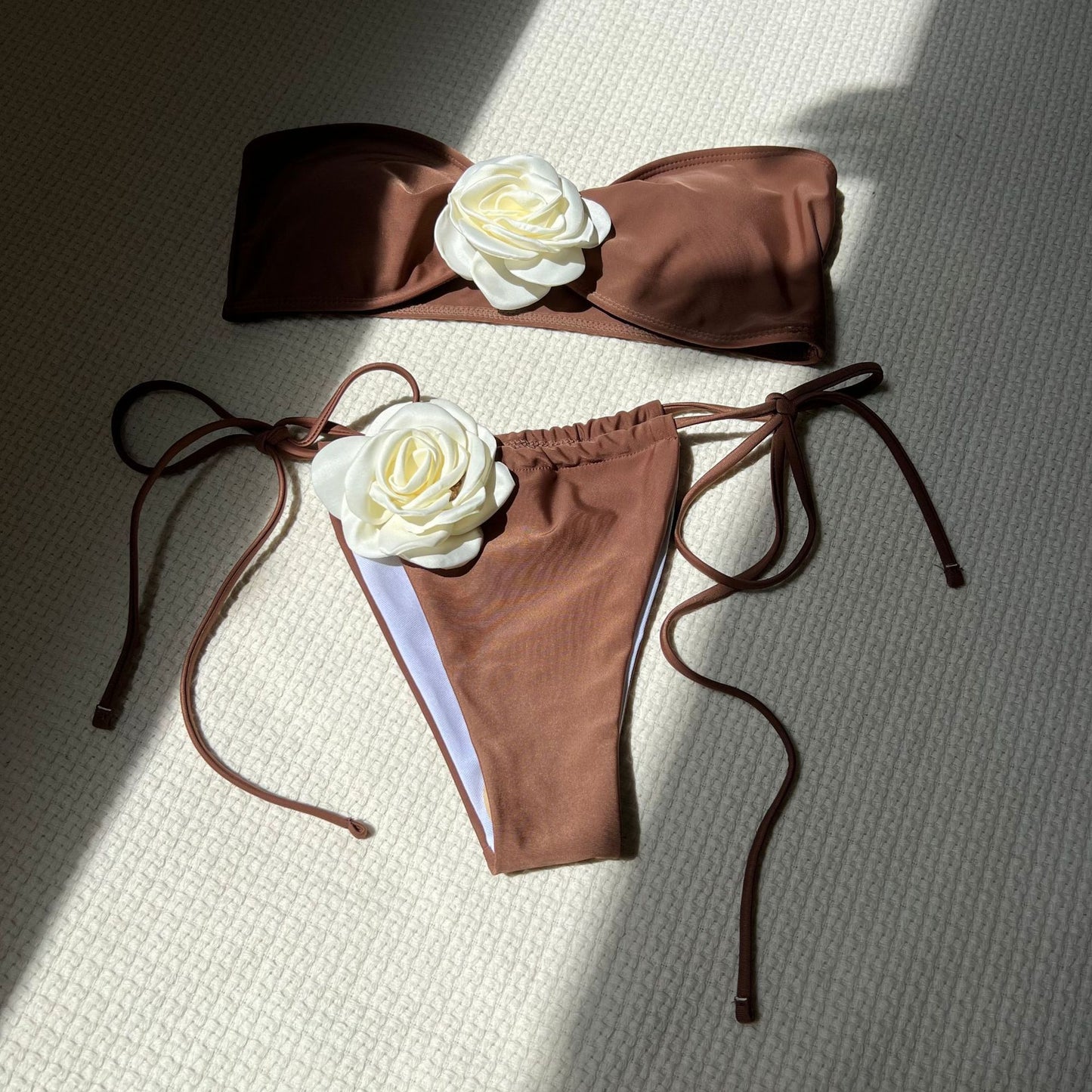 Pure Color Drawstring Tube Top Bikini Swimsuit