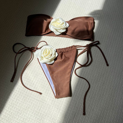 Pure Color Drawstring Tube Top Bikini Swimsuit