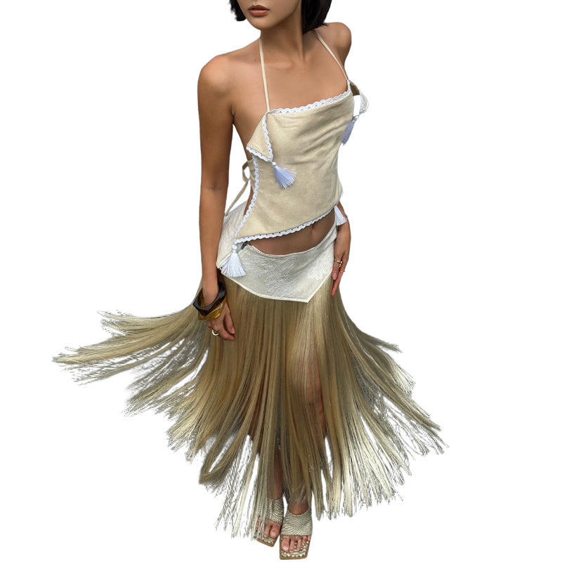 Halterneck Backless Top and High-Waisted Skirt Set