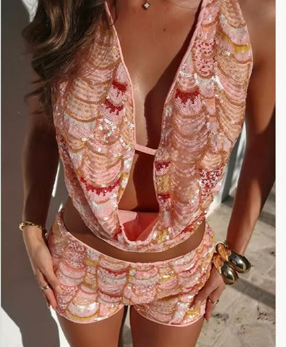 Mermaid Sequin Backless Halter Shorts Set