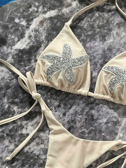 Sequin Star Decor Bikini with Adjustable Ties