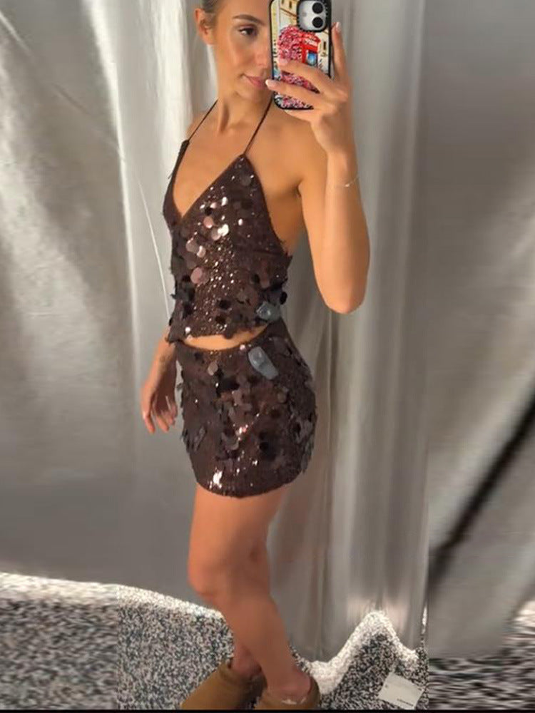 Sequin Deep V Neck Bodycon Dress Set