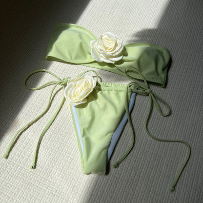 Pure Color Drawstring Tube Top Bikini Swimsuit